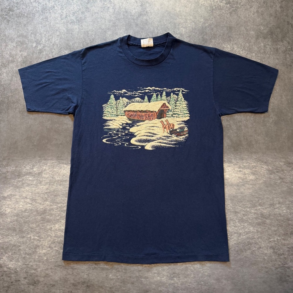 Vintage 90s Hanes Fifty Fifty Winter Scene Graphic T Shirt Mens L Covered Bridge